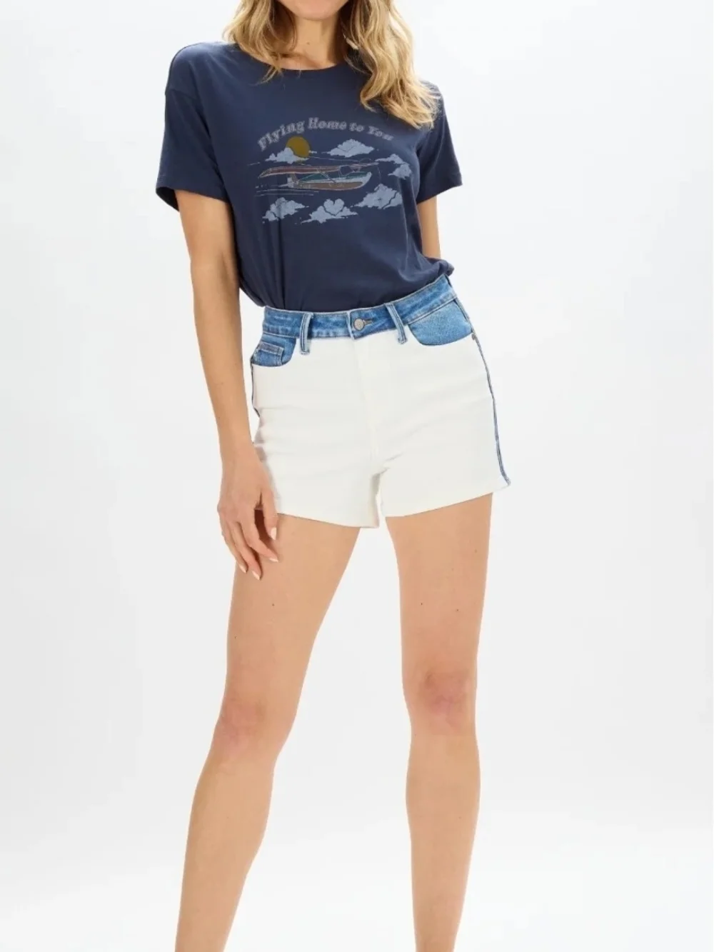 Judy Blue Annie Color Block High Rise Denim Shorts Two Tone White Blue M